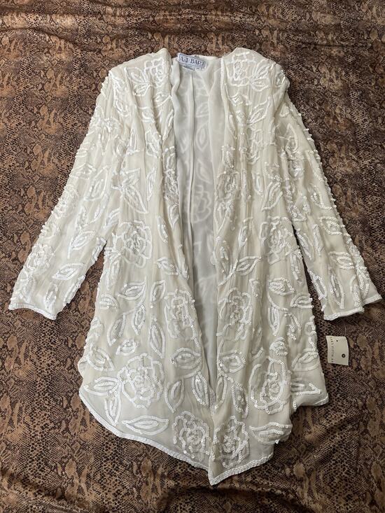 A.J. Bari Tops - NWT AJ Bari White Cream Beaded Sequin Silk Oversized Long Sleeve Shirt Jacket 14